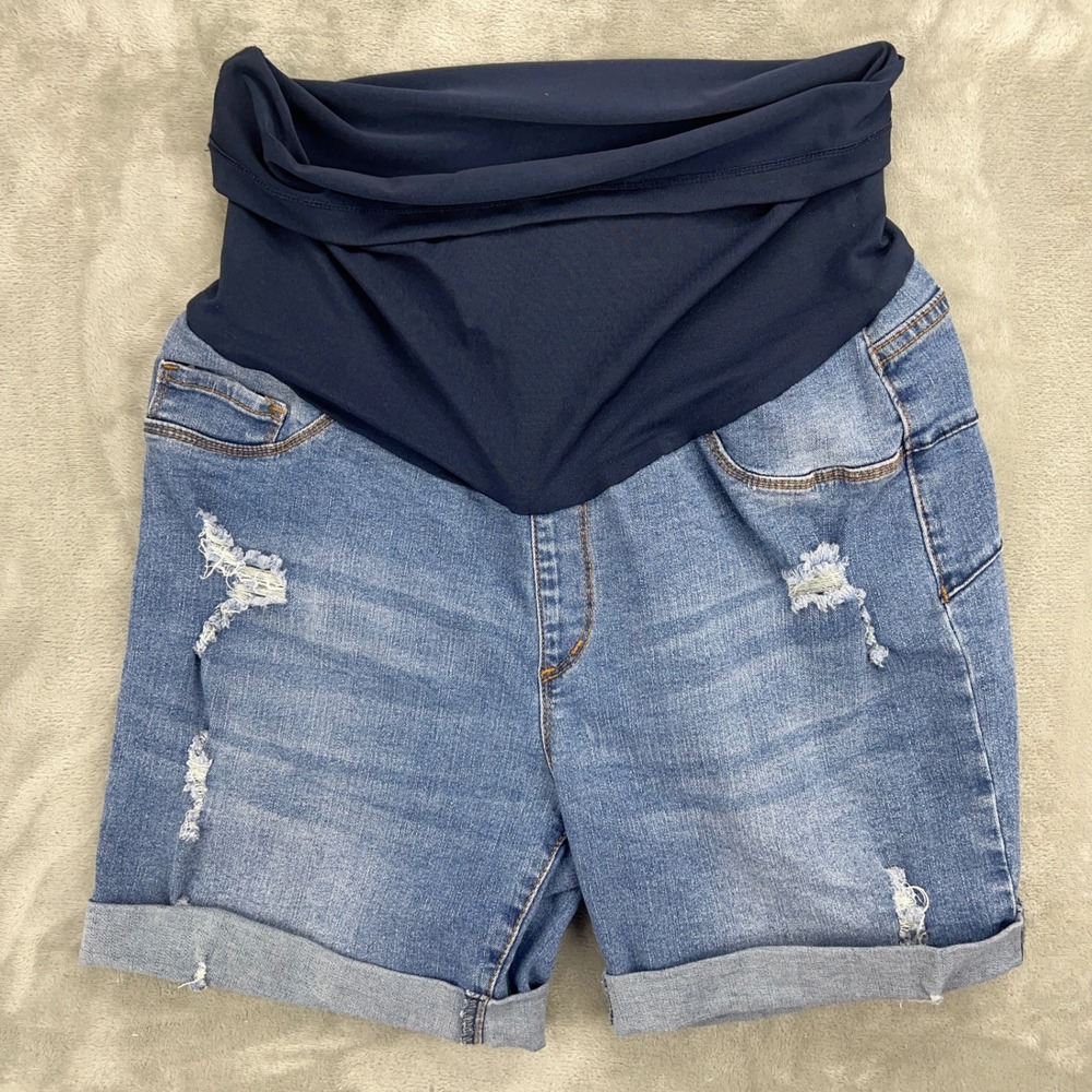 S.O.N.G. Maternity‎ Distressed Denim Shorts Blue Medium Wash Size Large L